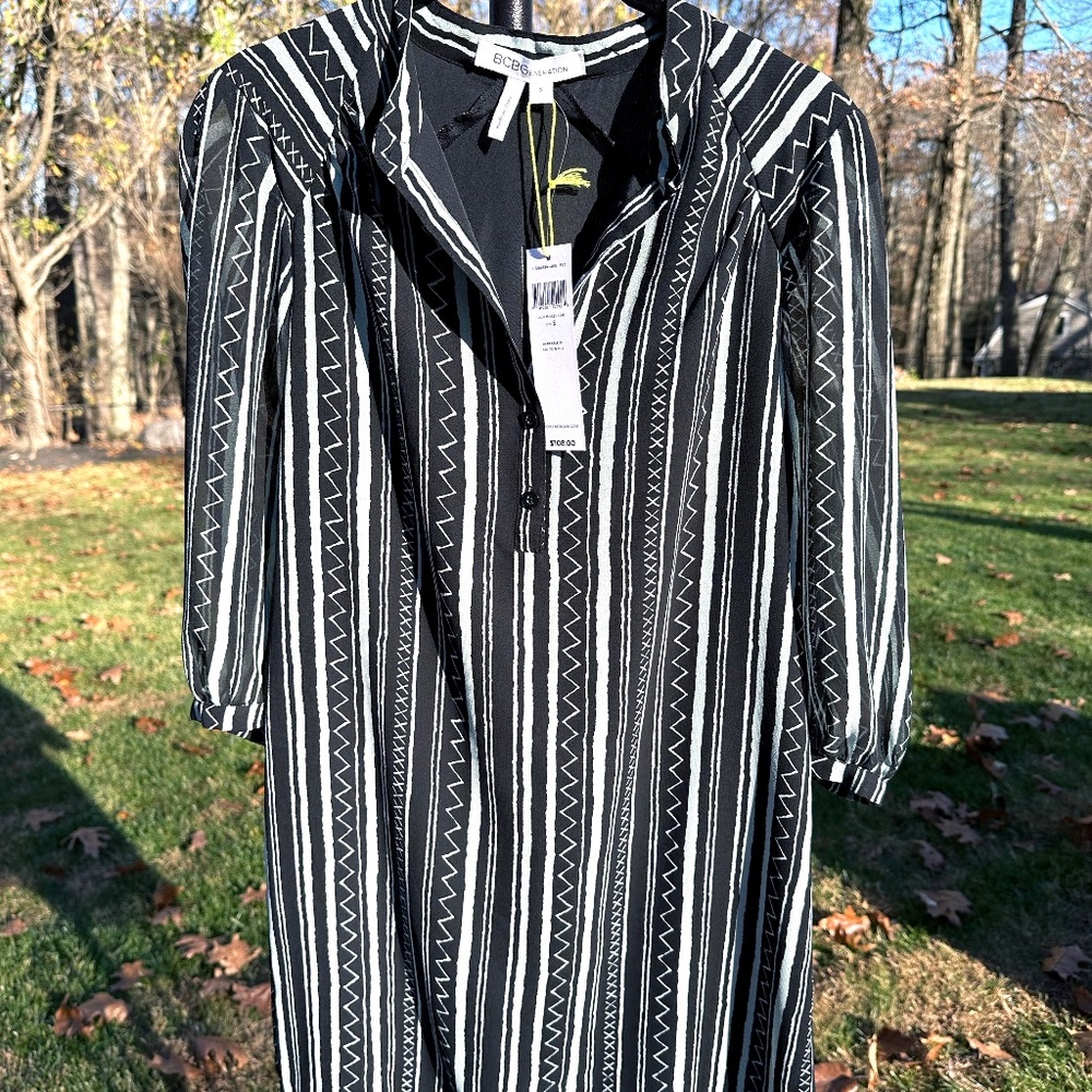 NWT BCBGeneration Sheer Black Striped Long-Sleeved Dress